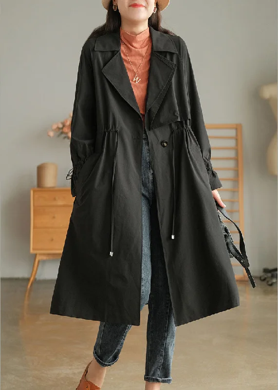 women's winter coats -Stylish Black Peter Pan Collar Drawstring Cotton Trench Coat Outwear Fall