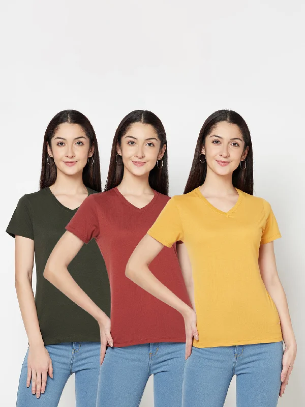 cozy women's tops -Women's Casual Regular Short Sleeve Rust,Olive,Mustard V neck  T-Shirts