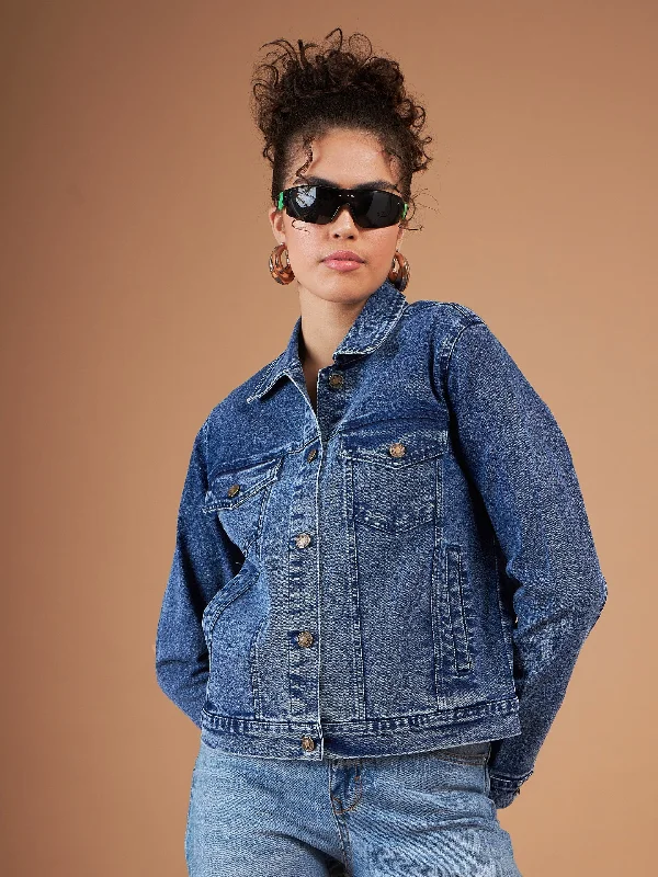 classic wool blazers for women -Women Navy Washed Denim Regular Jacket