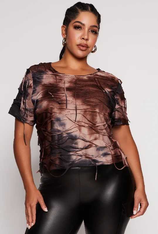 everyday tops for women -Plus Size Mesh Distressed Short Sleeve Top