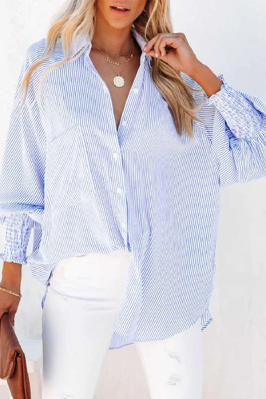 sexy tops for women -Sky Blue Smocked Cuffed Striped Boyfriend Shirt with Pocket