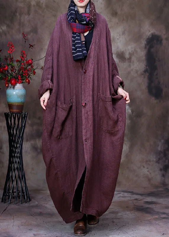 long trench coats for women -Coffee Solid Linen Trench Coat V Neck Handmade Floral Long Sleeve