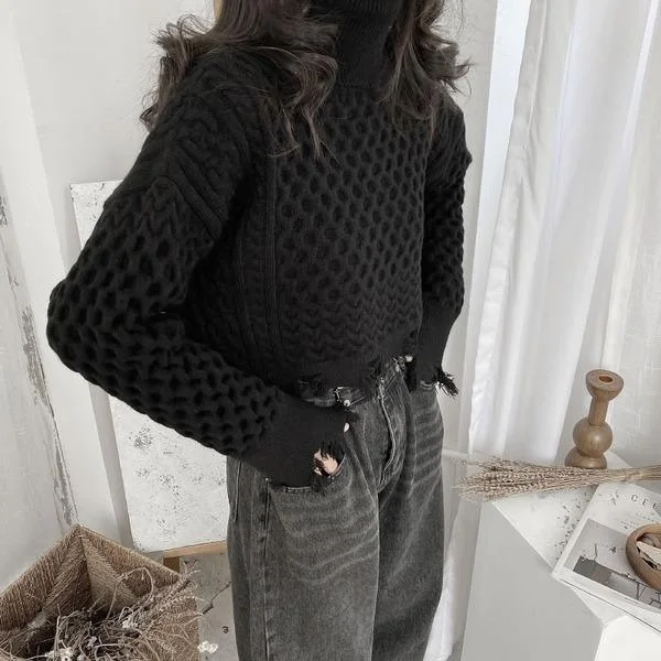 puff sleeve blouses for women -Spring New Sweater Knitting Splicing Broken Edge Tassel Women Casual Fashion Turtleneck Collar Solid Color