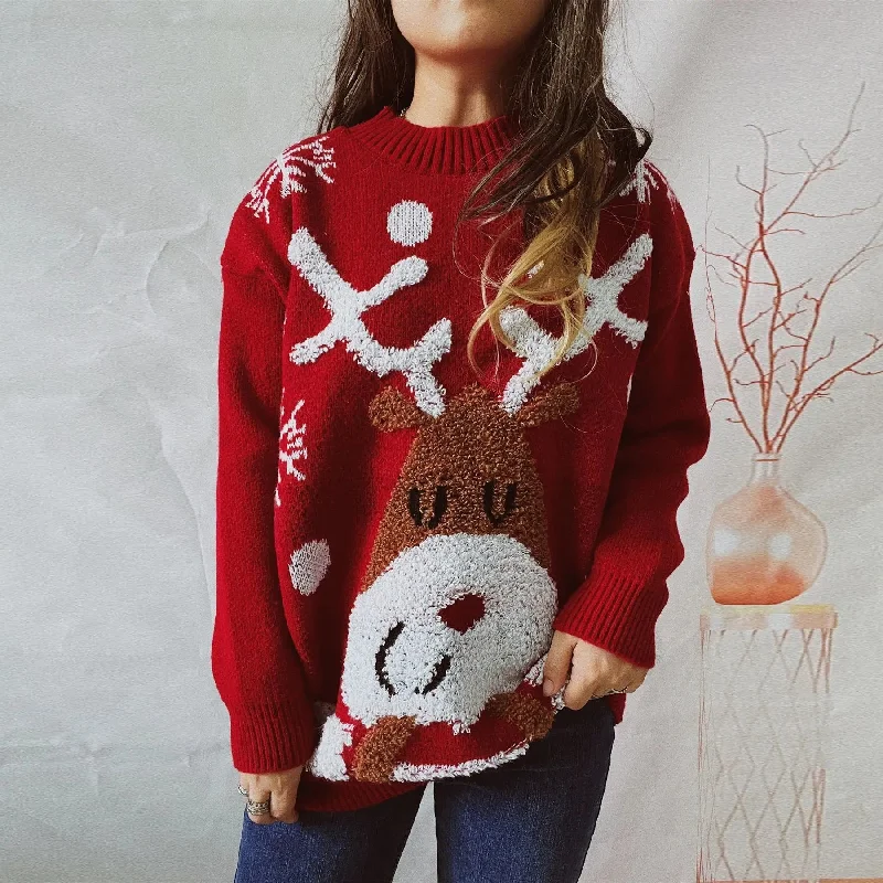 women's ribbed tops -Casual Thickened Raglan Sleeve Elk Christmas Tree Sweater