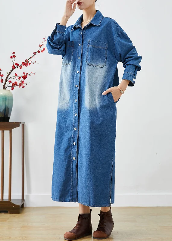 sleeveless coats for women -Fashion Blue Button Down Side Open Denim Trench Coats Fall