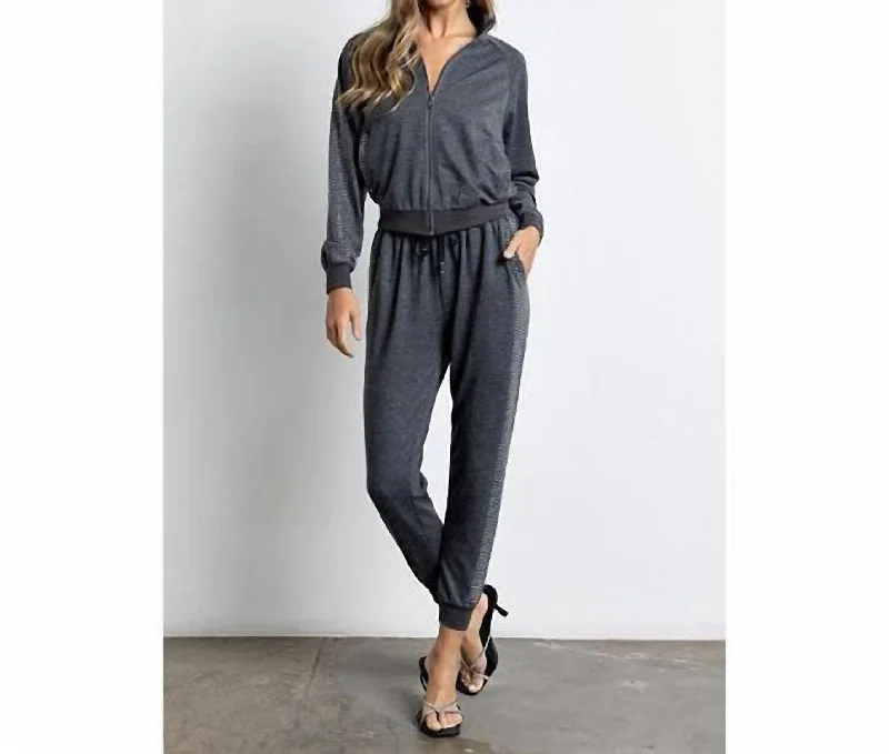 comfy pajama pants for women -Rhinestone Embellished Jogging Set In Grey