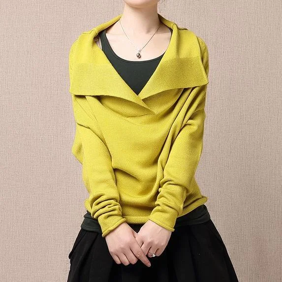 boho style tops for women -Yellow Turnover sweater shirt pullover knits