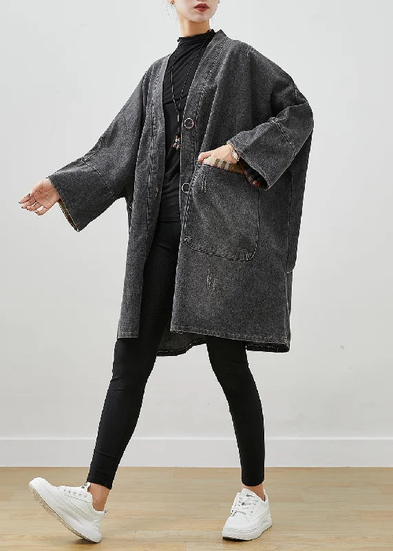 wool blend coats for women -Black Patchwork Denim Trench Coat Outwear Oversized Fall