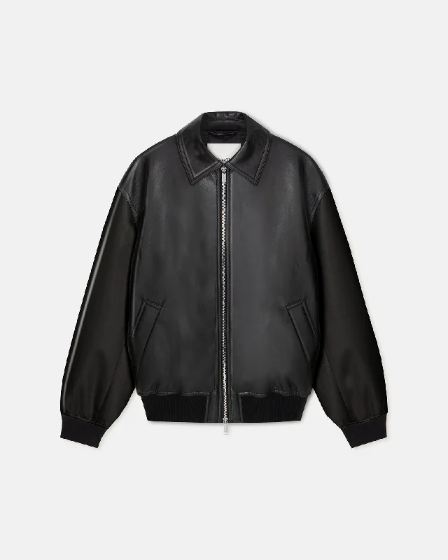 soft shell jackets for women -Timur - Regenerated Leather Bomber Jacket - Black