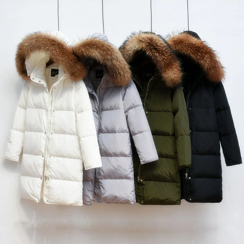 tailored coats for women -90% White Duck Down Jacket 2018 Female Parkas For Winter Jacket Women Long Thick Parka 100% Natural Raccoon Fur Collar Hood Coat