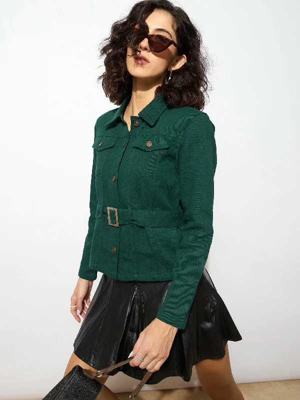 structured coats for women -Women Emerald Green Denim Belted Jacket