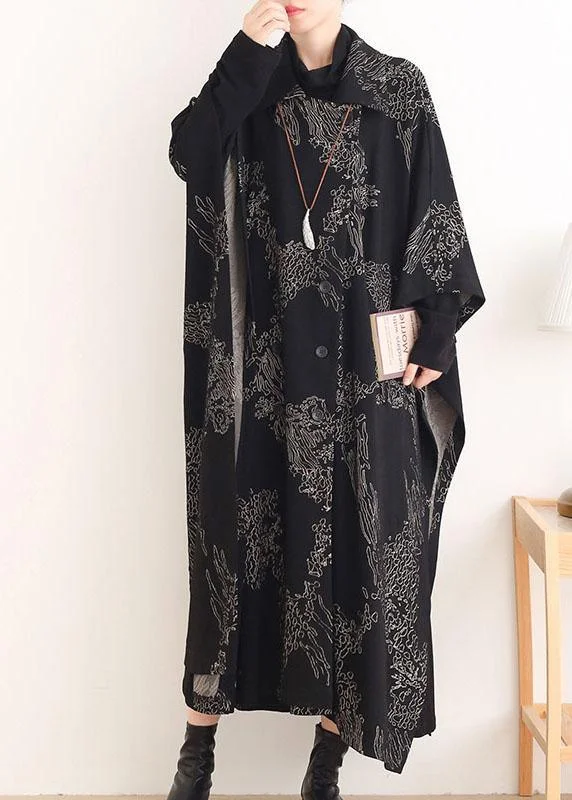 soft shell jackets for women -Beautiful Black Print Peter Pan Collar Button Long Trench coats