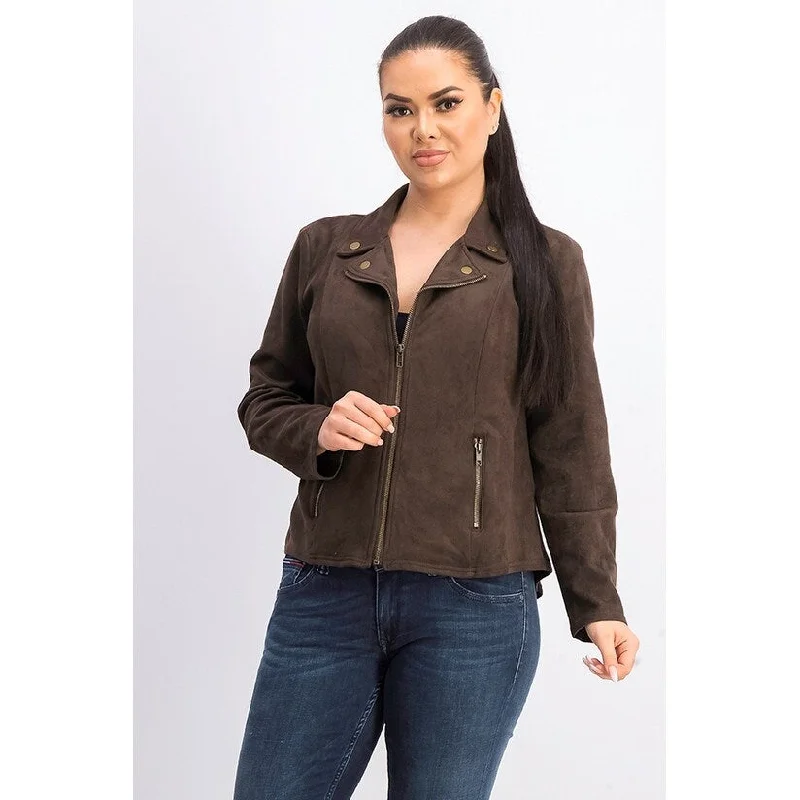 women's lightweight windbreakers -Style & Co Women's Petite Faux Suede Moto Jacket Dark Brown Size Petite Large - Petite Large