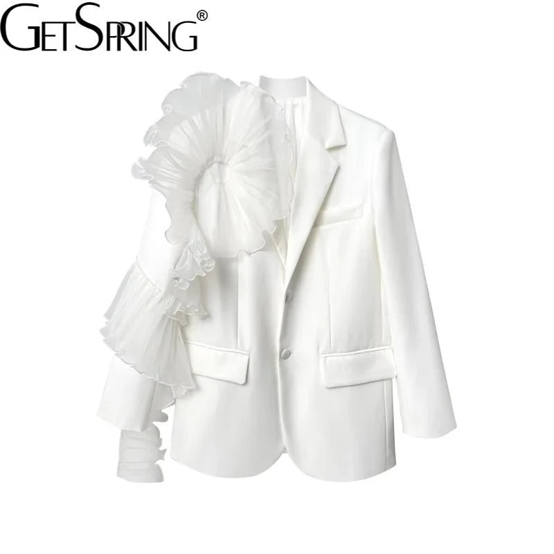 everyday coats for women -Women Blazer Asymmetry Ruffle Patchwork White Long Blazers And Jackets irregular Vintage Casual Suit Coats 2021 New