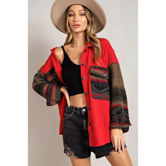 casual outerwear for women -Red Corduroy Aztec Tribal Western Printed Shacket Shirt Jacket