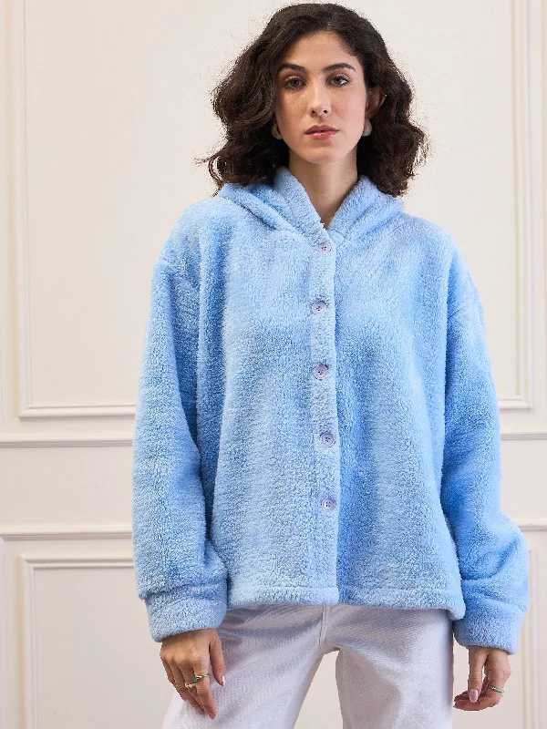 stylish blazers for women -Women Blue Fur Button Placket Hooded Jacket