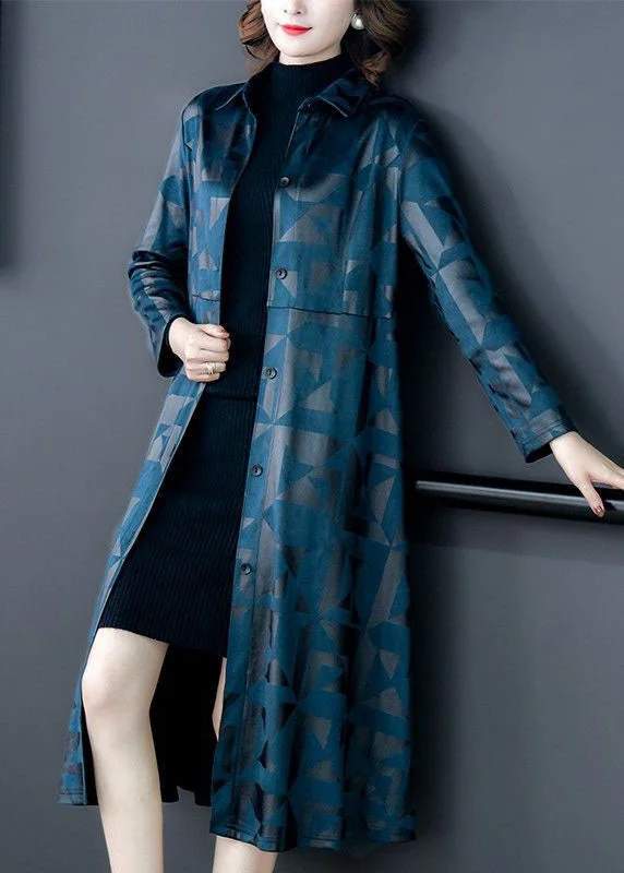 women's raincoats -Diy Blue Peter Pan Collar Patchwork Print Silk Trench Coats Long Sleeve