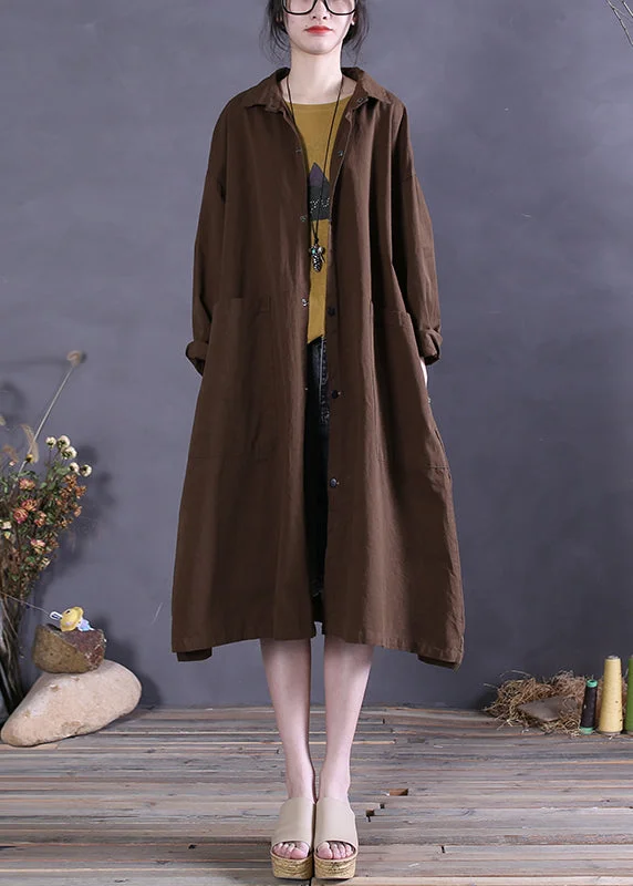 cozy knit coats for women -Coffee Colour Peter Pan Collar Pockets Cotton Trench Coats Long Sleeve