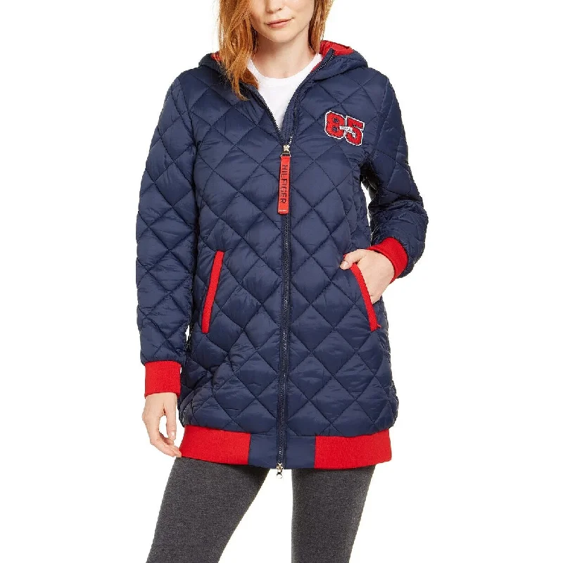 fur-lined parkas for women -Tommy Hilfiger Women's Sport Quilted Varsity Hooded Puffer Jacket Navy Size Extra Small