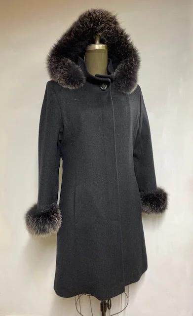 minimalist coats for women -Elena Classic Coat - 50% Cashmere & Wool Blend - Fur Hood and Cuffs