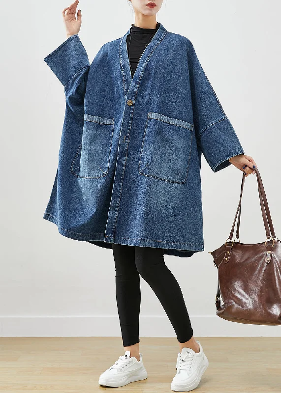 thick fleece coats for women -Boho Blue Oversized Pockets Denim Trench Coats Batwing Sleeve