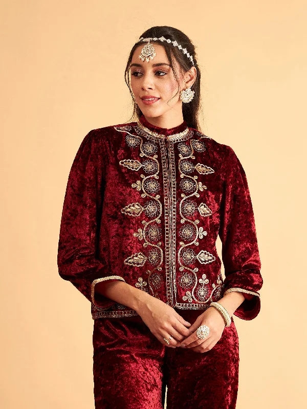 business casual coats for women -Women Maroon Velvet Front Embroidered Jacket