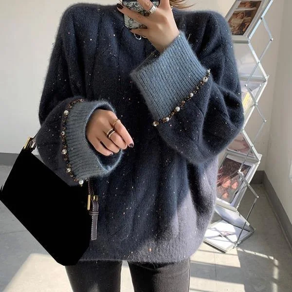 soft fabric tops for women -Pearls Knitted Pullover Sweater Women 2020 Winter Casual Fashion New Clothes