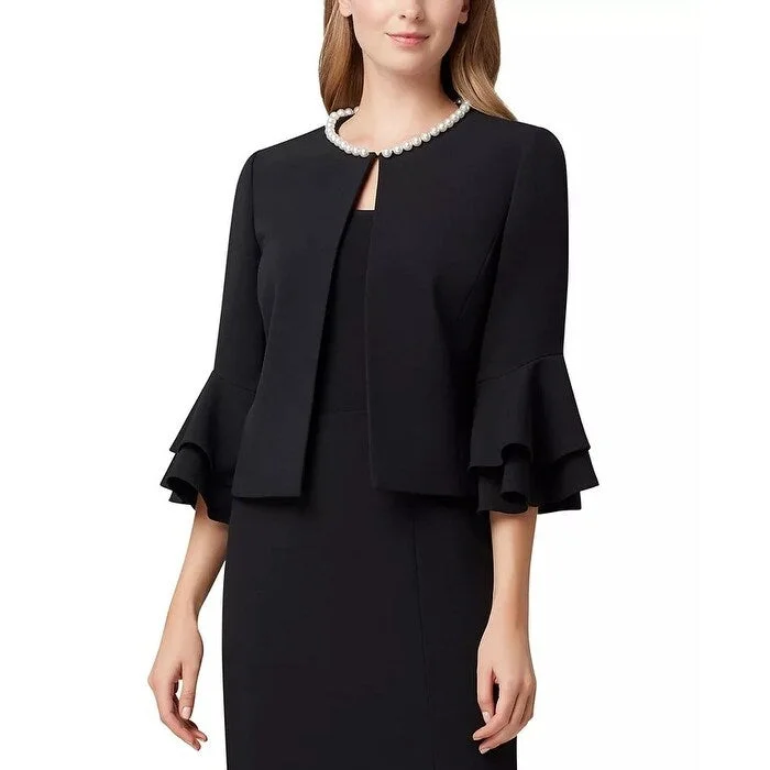 elegant coats for women -Tahari A SL Women's Pearl Trim Ruffled Sleeve Jacket Black Size 4