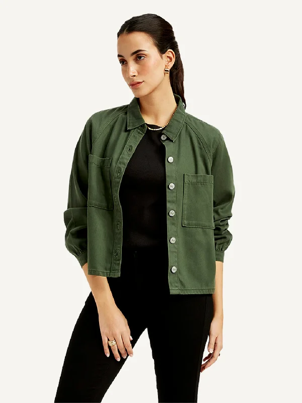 casual outerwear for women -Women's Solid Olive Spread Collar Jacket