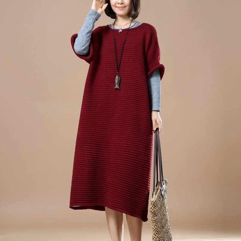 women's casual tank tops -Burgundy half sleeve sweaters knit dresses