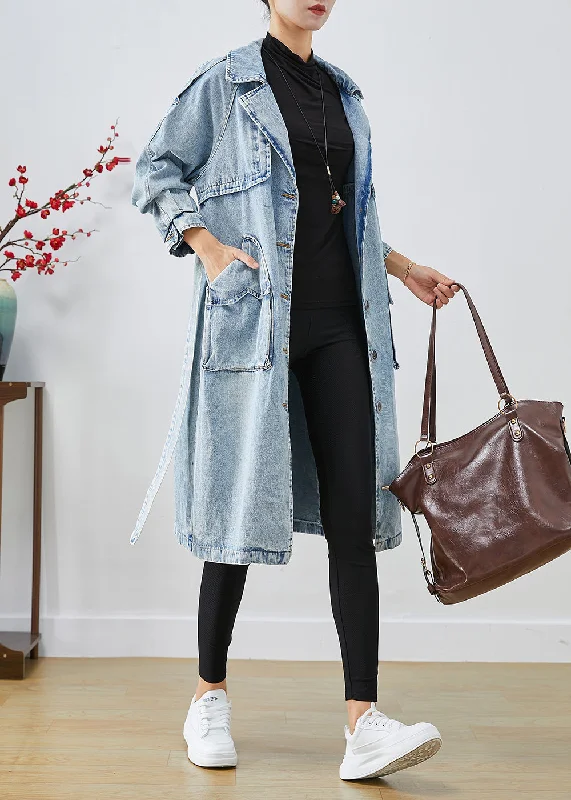 ultra-light jackets for women -Women Light Blue Lapel Patchwork Denim Trench Coats Fall