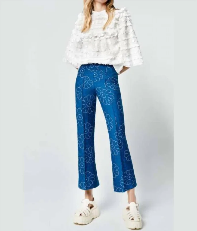 denim joggers for women -Cropped Pintuck Pant In Indigo Floral