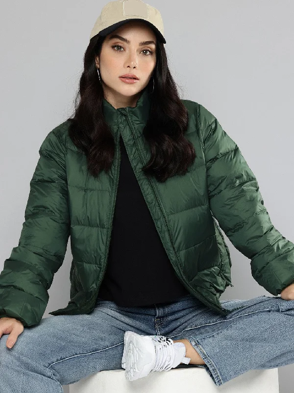 trendy coats for women -Women's Solid Green Jacket