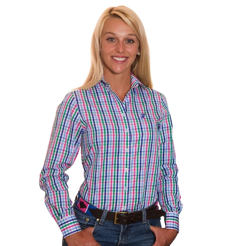 sleeveless blouses for work -Coco N3-Navy/Green/Pink Check Relaxed Fit Shirt