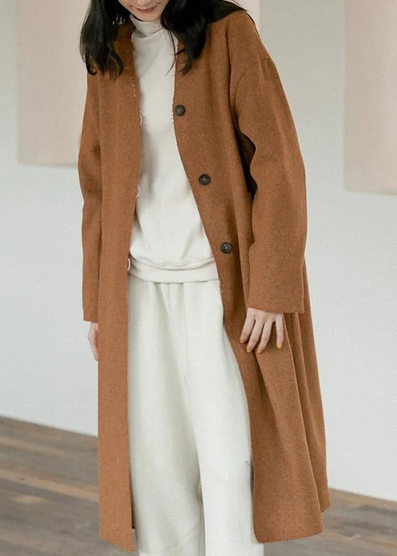 women's double-breasted coats -Elegant Oversize Trench Coat Women Brown V Neck Pockets Wool Coat