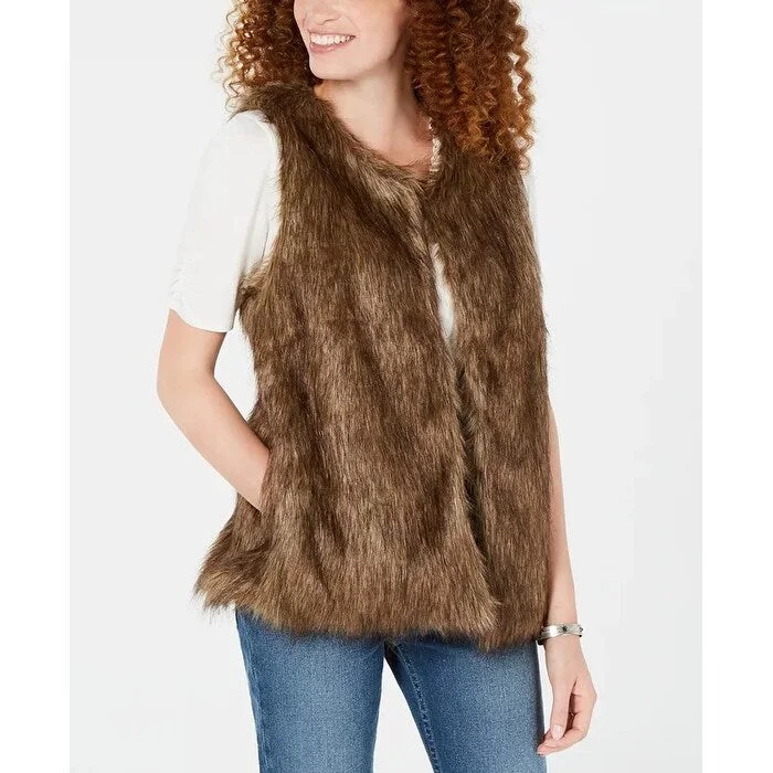 turtleneck coats for women -Say What? Juniors' Faux-Fur Vest Med Brown Size Medium