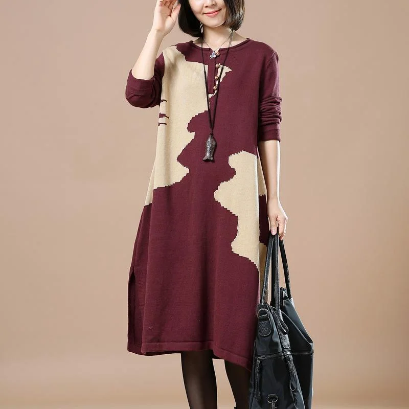 soft fabric tops for women -Burgundy woman sweaters winter knit dresses floral