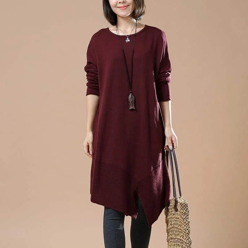 women's pleated tops -Burgundy plus size sweaters asymmetrical design