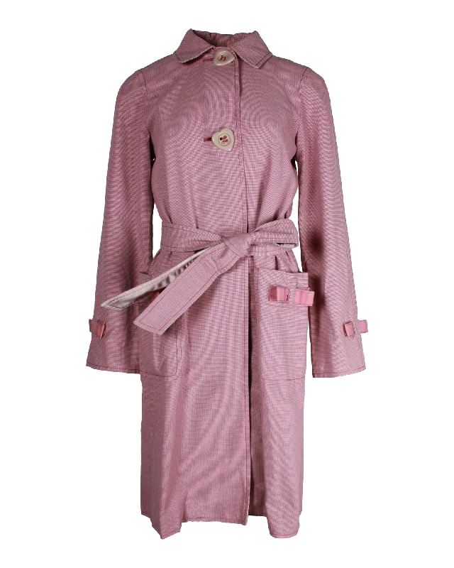 women's raincoats -Marc Jacobs Micro Plaid Bow Detail Trench Coat in Pink Cotton