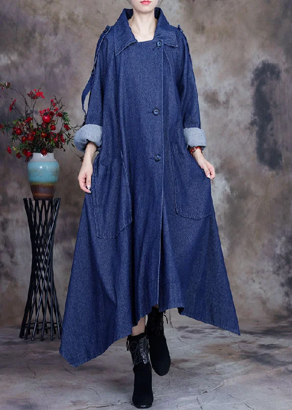 trendy coats for women -Fashion Blue asymmetrical design button Peter Pan Collar Cotton denim trench Coats Spring