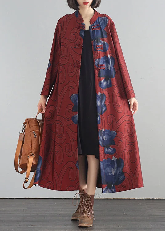 mid-length coats for women -Novelty Red Stand Collar Print Button Silk Cotton Trench Coats Fall