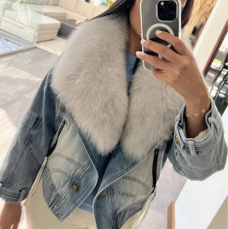 quilted bomber jackets for women -Denim Chic: Women's Jacket with Natural Fur and Cozy Duck Down Lining