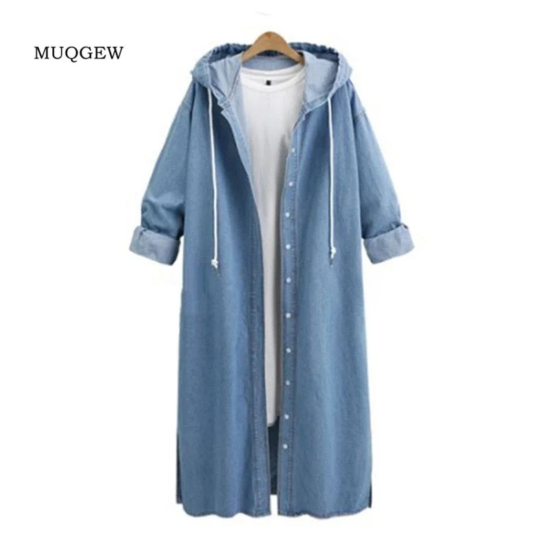 classic wool blazers for women -Fashion Women Hooded Casual Long Sleeve Wide-waisted Solid Denim Jacket Long Jean Coat Outwear Overcoats