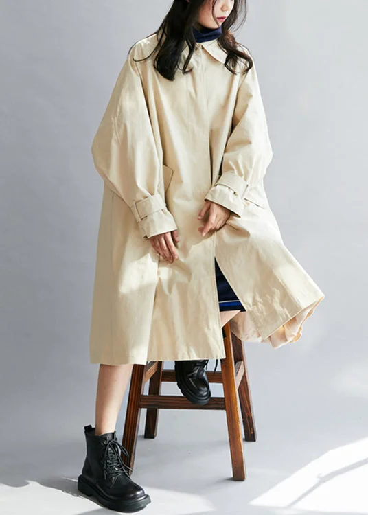 women's sherpa jackets -Beautiful Beige Peter Pan Collar Pockets Cotton trench coats Winter