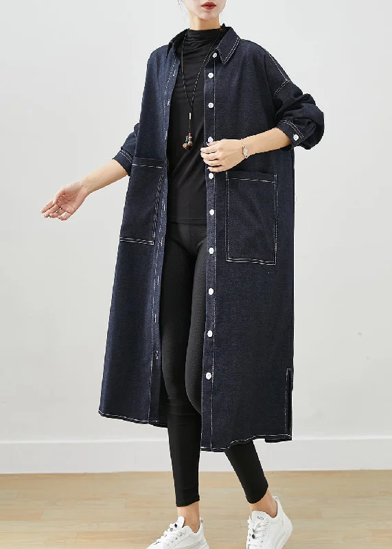 faux suede coats for women -Classy Black Oversized Pockets Side Open Denim Trench Coats Fall