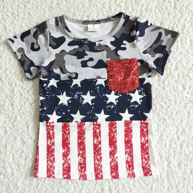 draped tops for women -July of 4th camoflage blue star red stripe sequins pocket T-shirt