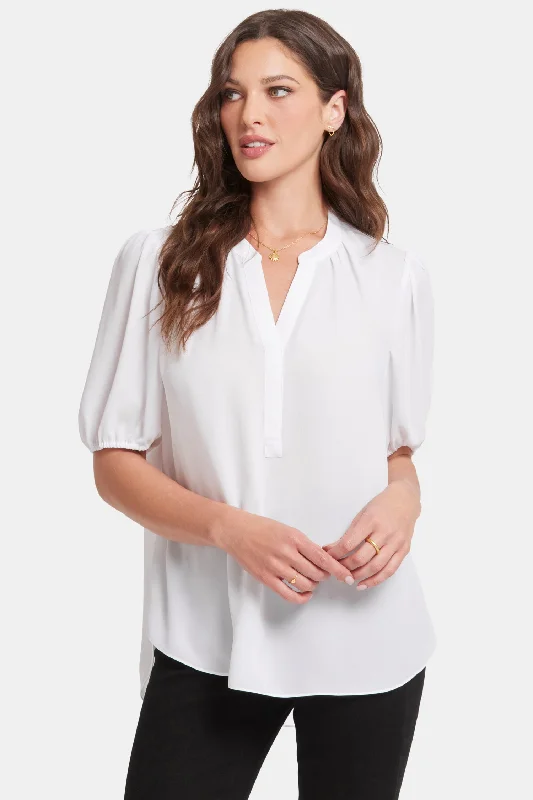 turtleneck tops for women -Short Puff Sleeve Popover Top - Optic White