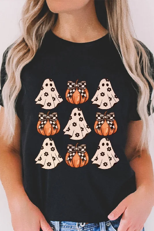 women's satin blouses -Black Halloween Ghost Pumpkin Print Crew Neck T Shirt