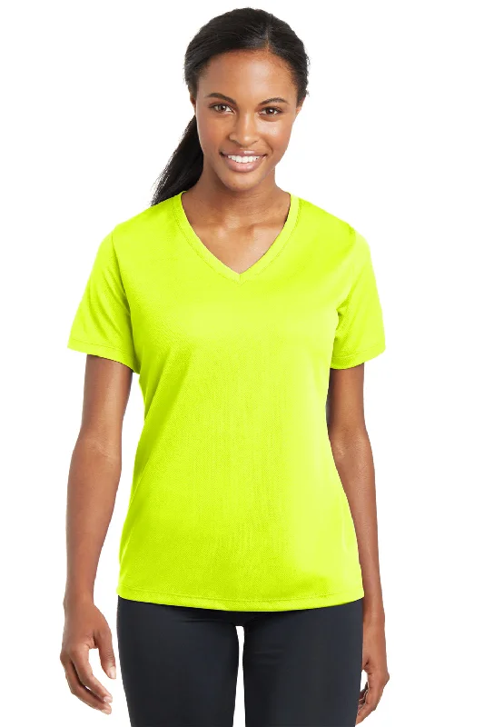 sexy tops for women -Sport-Tek Womens RacerMesh Moisture Wicking Short Sleeve V-Neck T-Shirt - Neon Yellow - Closeout