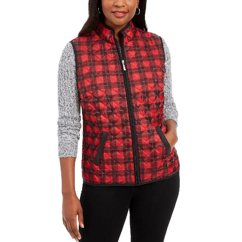 thick winter coats for women -Karen Scott Women's Sport Plaid Puffer Vest Navy Size X-Small